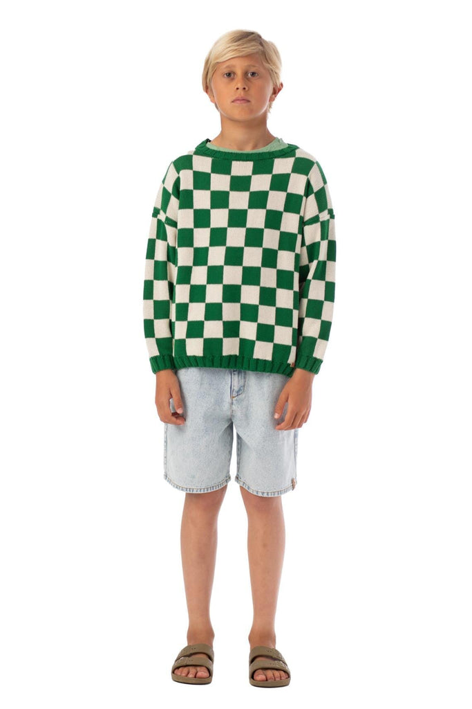 Gebreide sweater - ecru met groen geblokt