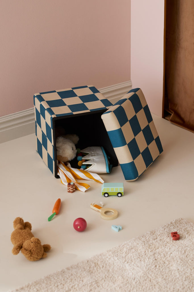 Poef 30cm met opslagruimte - Check Teal - Kid's Concept