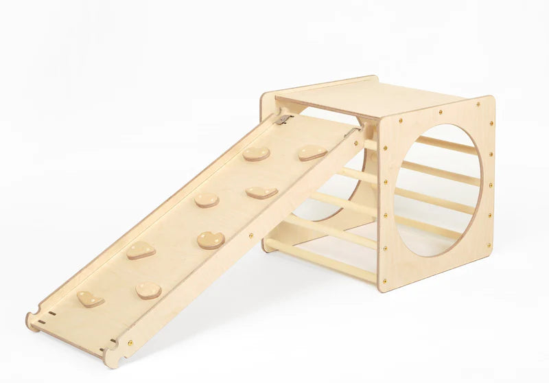 Wooden climbing frame cube with climbing ramp slide Natural KateHa