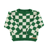Gebreide sweater - ecru met groen geblokt